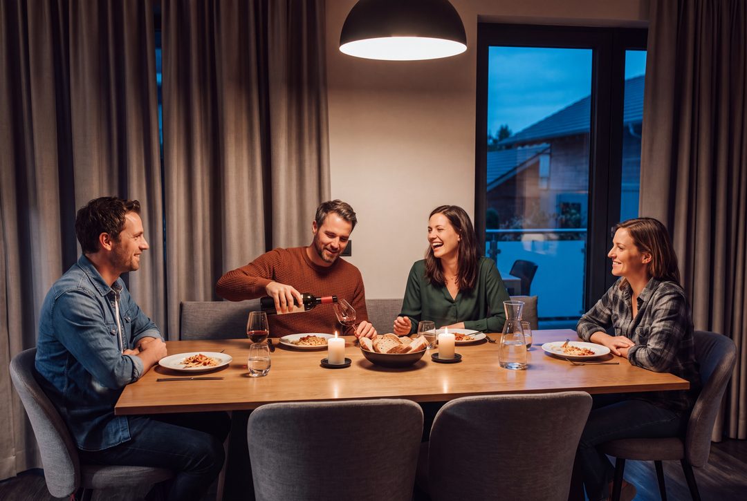 Dos parejas están sentadas por la noche en la mesa del comedor de un chalet, cenando pasta a la luz de las velas; un hombre les sirve más vino tinto. Imagen ilustrativa.