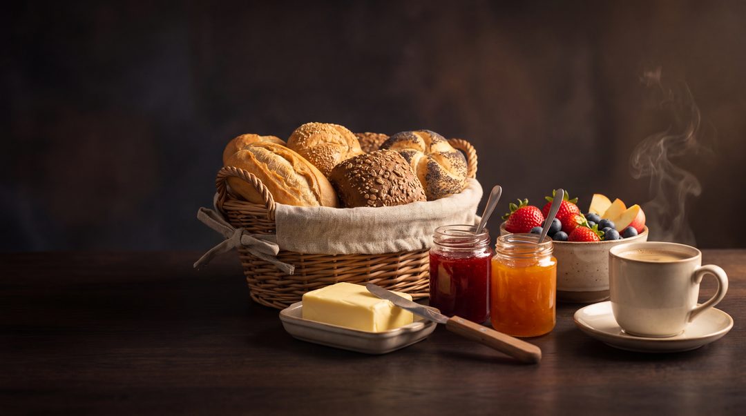 Detalle del bufé de desayuno con una cesta de panecillos, mantequilla, dos tarros de mermelada, un cuenco de fruta y una taza de café a la cálida luz de la mañana; imagen ilustrativa
