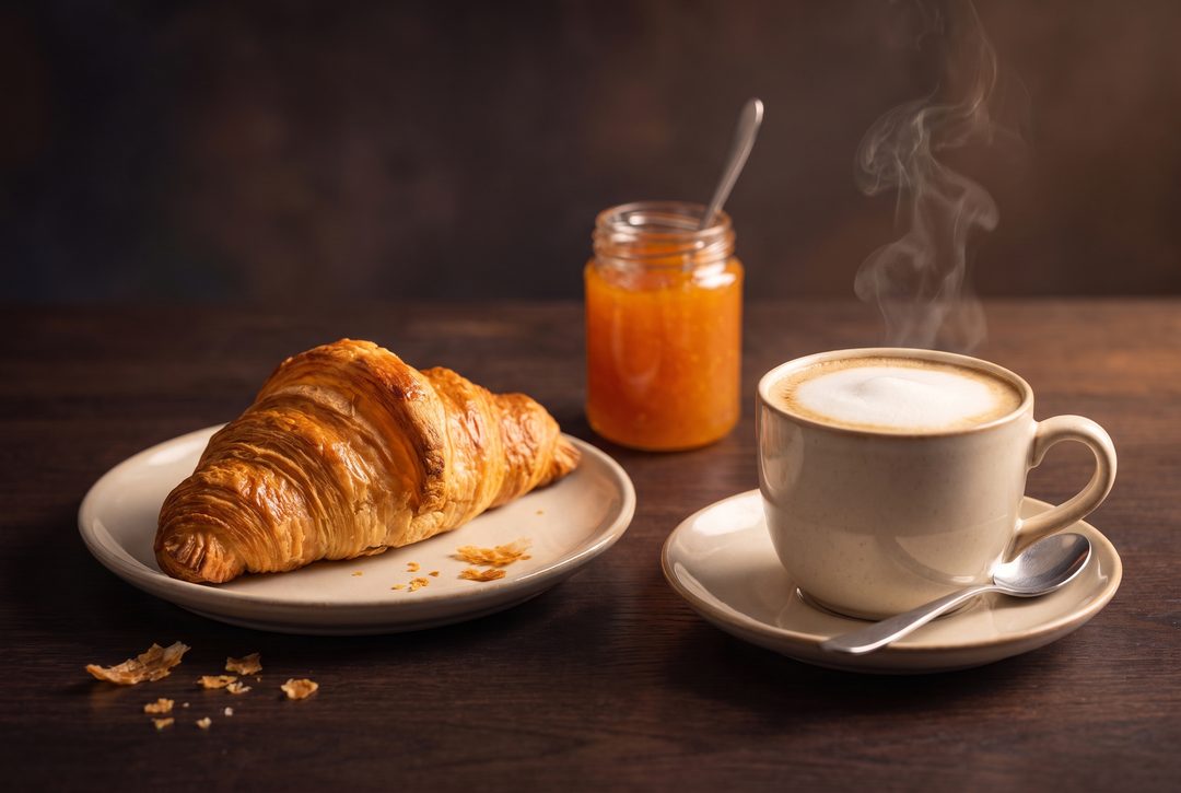 En croissant på en keramisk tallerken ved siden af en dampende kop cappuccino og et glas abrikosmarmelade, symbolbillede