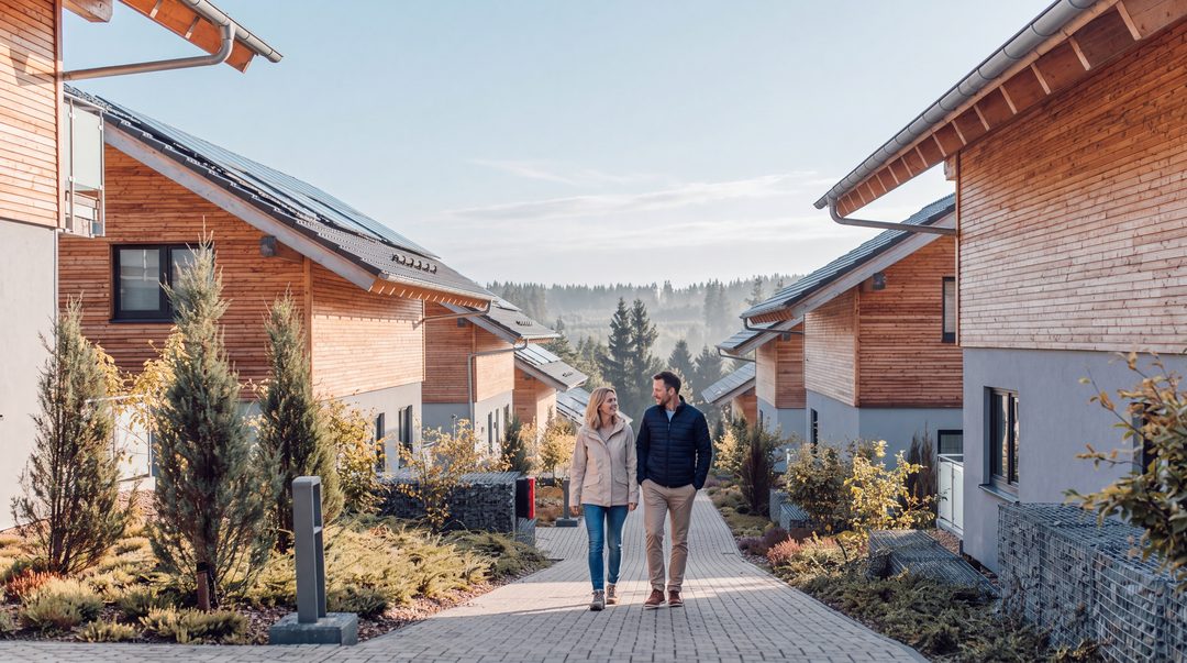 Et par går tidligt om morgenen på den brostensbelagte sti mellem træchaletterne, med en nåleskov i morgendisen i baggrunden, symbolbillede