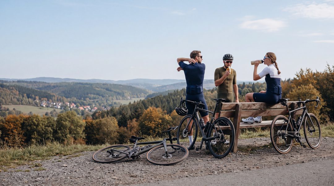Generierte, Harz-inspirierte Szene: drei Rennradfahrer machen oben an einem Anstieg an einer Holzbank Pause und blicken über das bewaldete Tal, Symbolbild