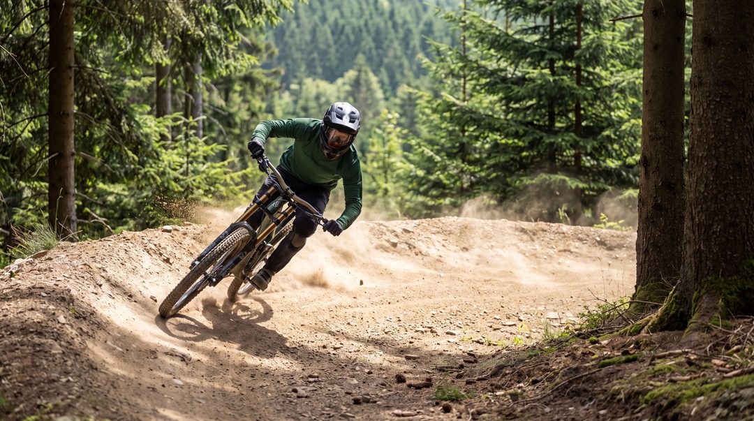 Genereret scene: En mountainbiker med fuldhjelm lægger sig ind i et støvet doseret sving mellem grantræer i bikeparken, symbolbillede