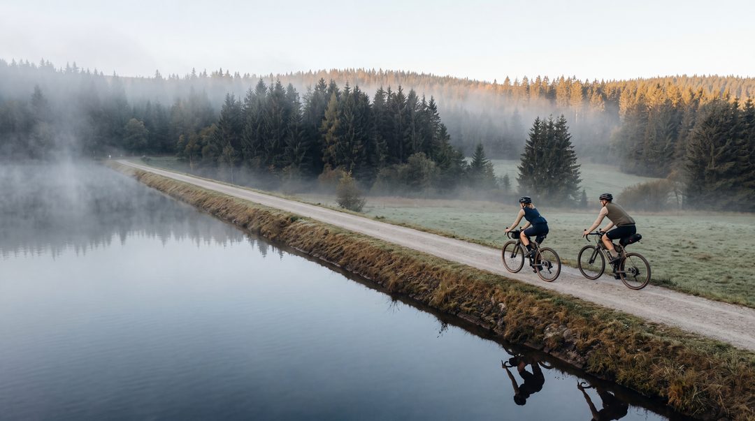 Generierte, Harz-inspirierte Szene: zwei Gravelbiker fahren bei Sonnenaufgang auf dem Damm eines Teichs, Nebel liegt über dem Wasser, Symbolbild