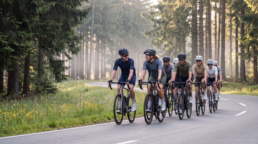 Escena generada inspirada en el Harz: un grupo de ciclistas de carretera pedalea temprano por la mañana en fila de dos por una tranquila carretera rural a través del bosque de abetos; imagen ilustrativa
