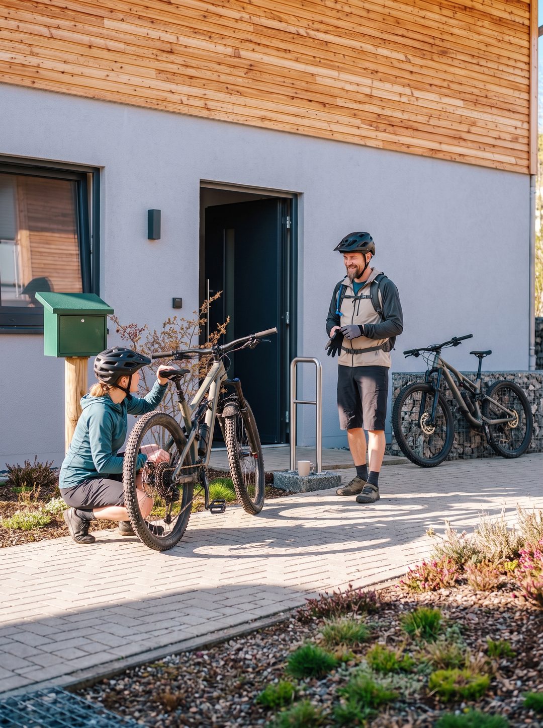 Et par gør sig klar til en mountainbiketur om morgenen foran døren til et chalet; hun tjekker dæktrykket, symbolbillede