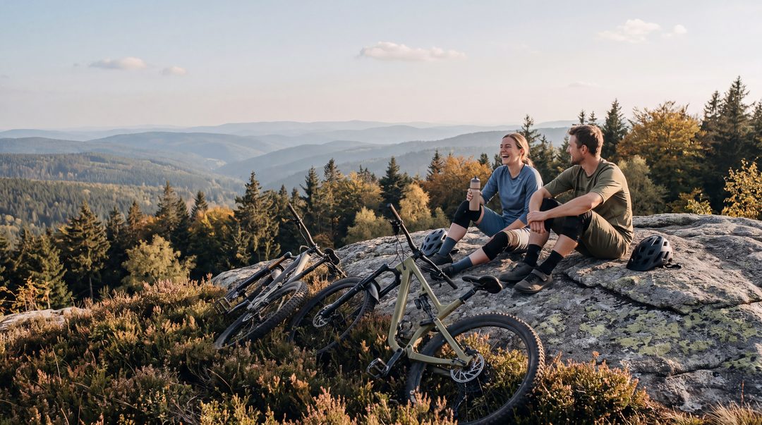 Genereret, Harz-inspireret scene: to mountainbikere holder pause på en granitklippe og kigger ud over de skovklædte højder, mens cyklerne ligger i lyngen – symbolbillede