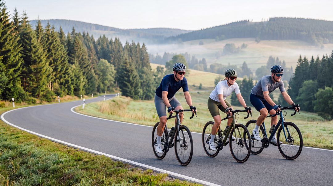 Generierte, Harz-inspirierte Szene: drei Rennradfahrer auf einer kurvigen Landstraße zwischen Fichtenwald und Wiesen, Symbolbild