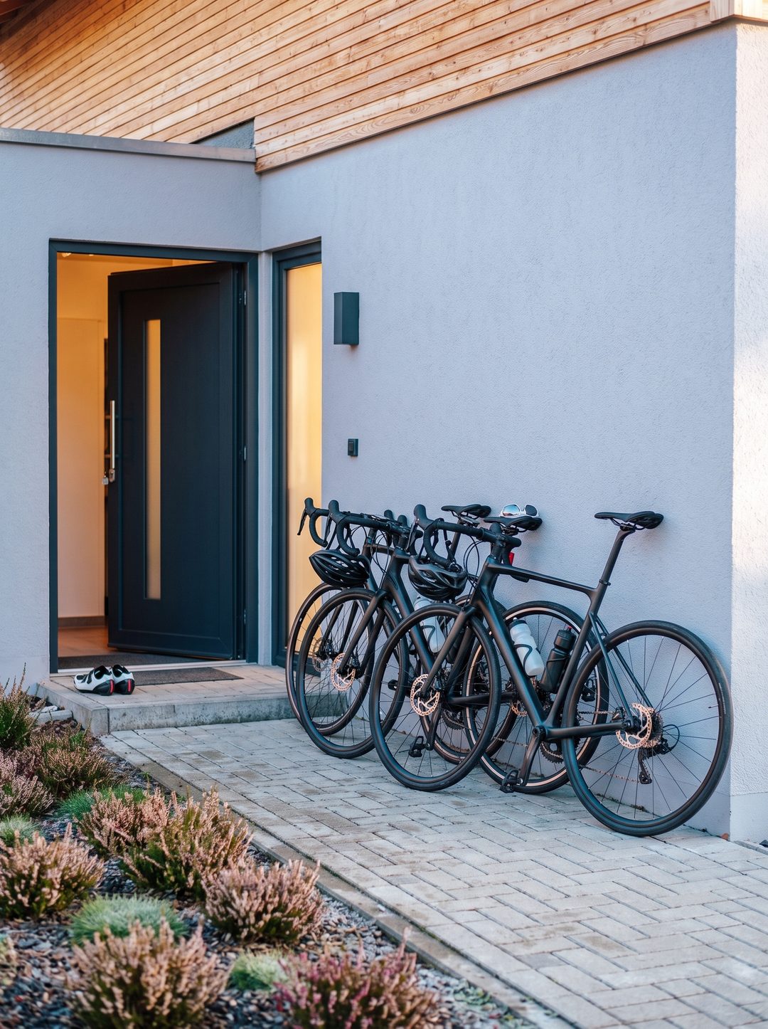 Vier Rennräder lehnen am Morgen an der Hauswand neben der offenen Haustür eines Chalets, Helme hängen am Lenker, Symbolbild