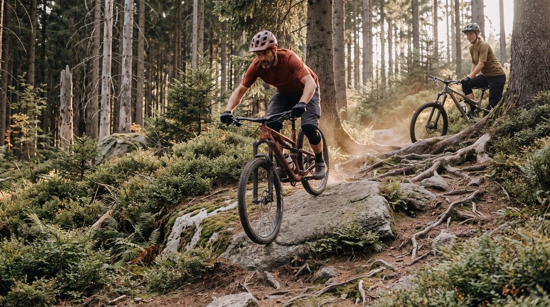Escena generada inspirada en el Harz: un ciclista de montaña salva, a la luz del atardecer, un escalón de granito en un sendero lleno de raíces en un bosque de abetos; más arriba le espera una ciclista; imagen ilustrativa