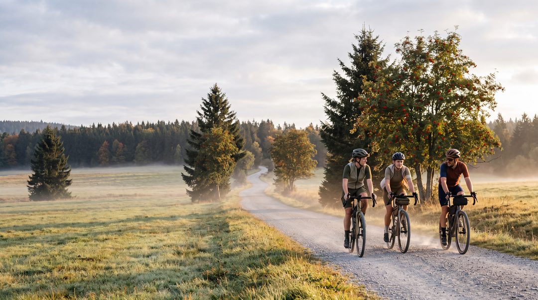 Generierte, Harz-inspirierte Szene: drei Gravelbiker fahren am frühen Morgen auf einem Schotterweg über eine offene Hochfläche mit Ebereschen, Symbolbild