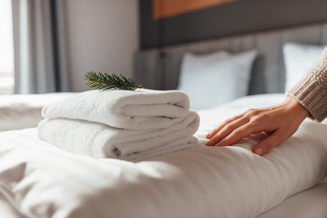 Close-up of a freshly made bed with folded white towels and a sprig of fir; a hand strokes the duvet – symbolic image