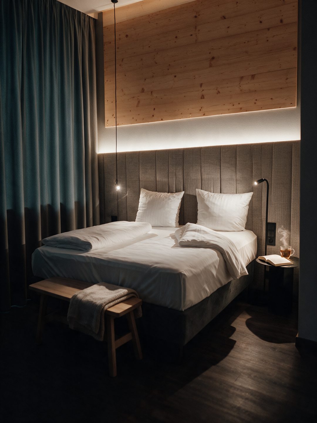 Segundo dormitorio doble por la noche, con paneles de madera iluminados con luz cálida, la cama deshecha y té en la mesita auxiliar; formato vertical; imagen ilustrativa.