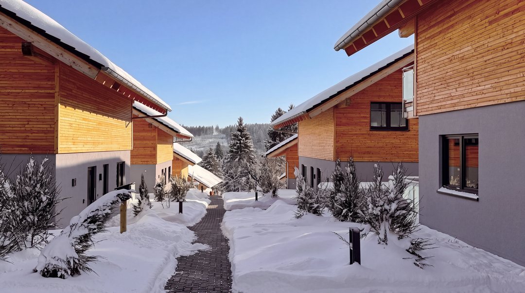 Camino nevado entre chalets revestidos de madera en invierno