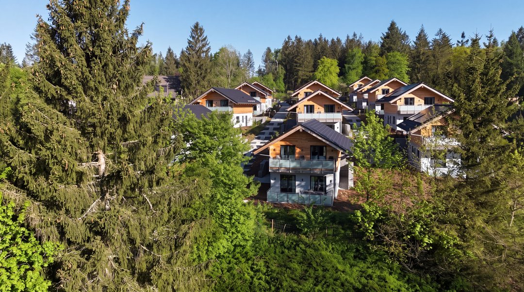 Grupo de chalets revestidos de madera entre abetos en verano; imagen diseñada a partir de una referencia real