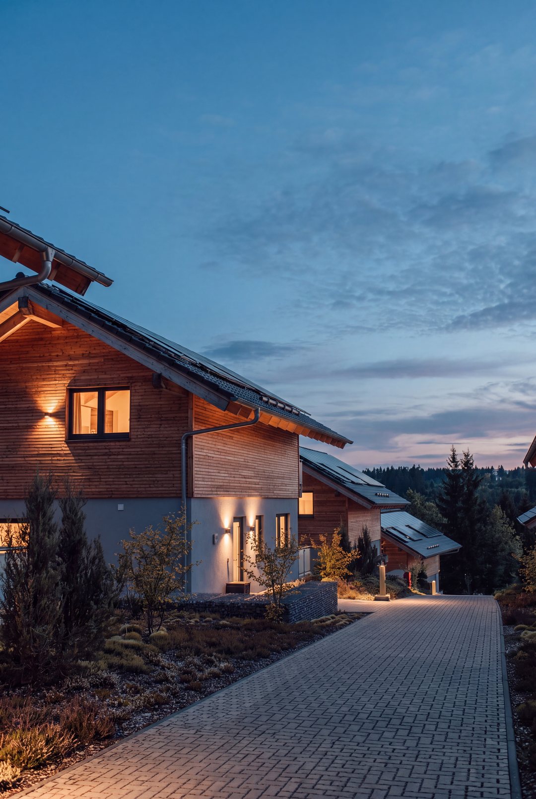 Stående format: Chalets med oplyste vinduer i den blå time, designet billede