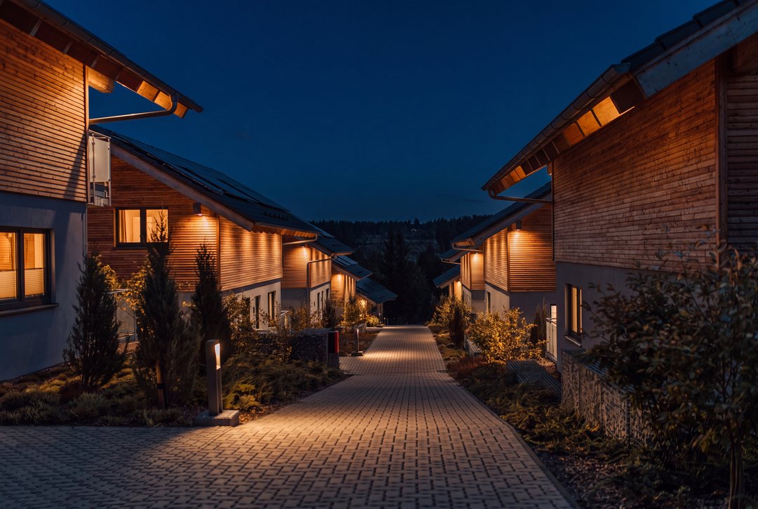 Camino entre los chalets revestidos de madera por la noche, cálidos focos de luz contra el cielo oscuro, imagen diseñada