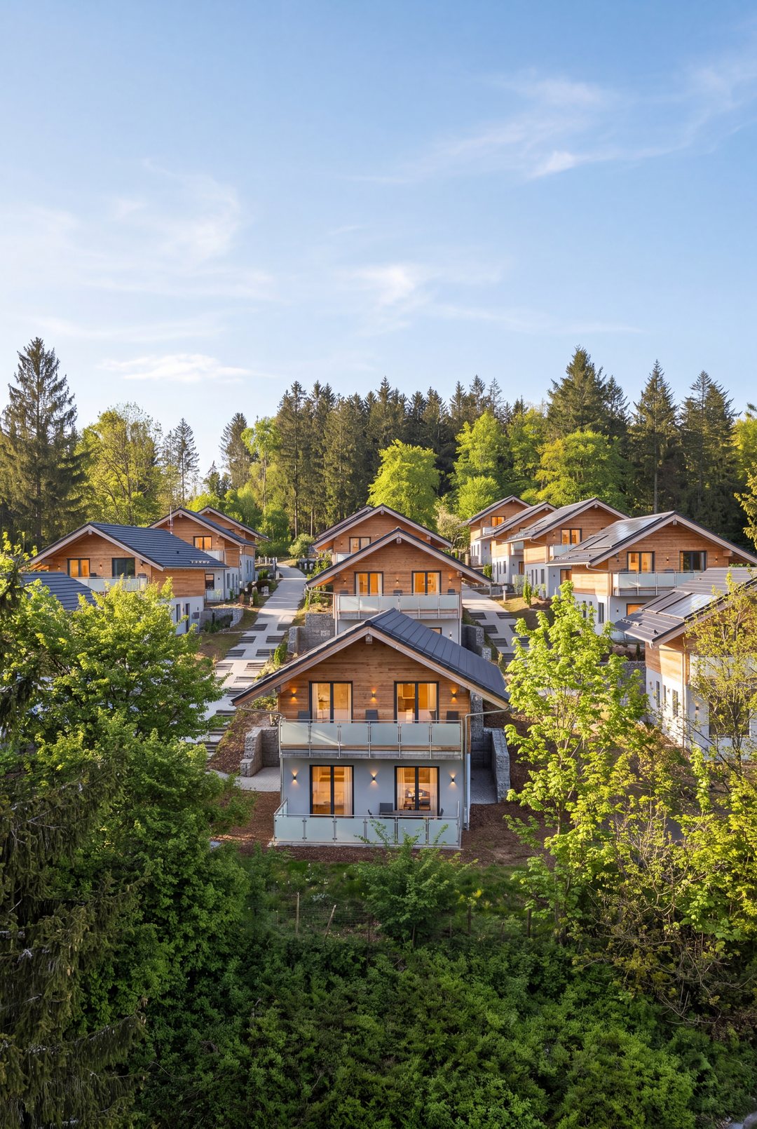 Stående format: Chalets mellem træerne om sommeren, designet billede baseret på virkeligheden