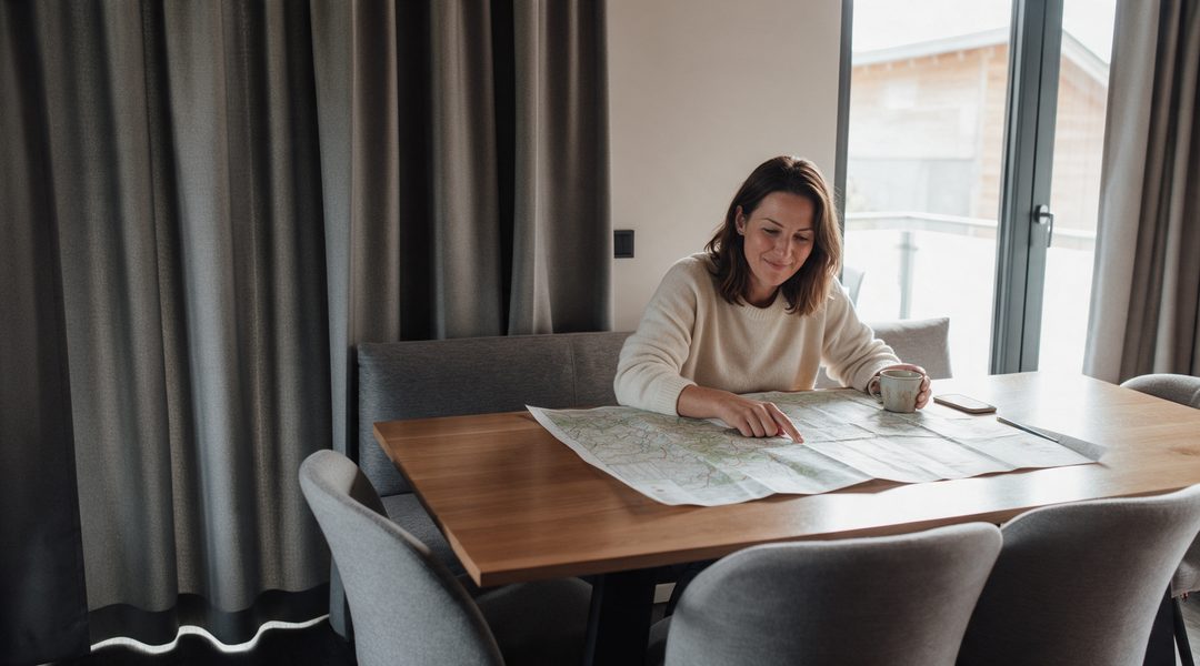 A woman is calmly planning her stay at the dining table of a chalet, with a folded walking map and a coffee mug – illustrative image
