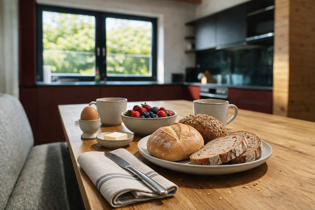 Iscenesat scene (genereret): Morgenbord med brød, bær og æg i et chaletkøkken