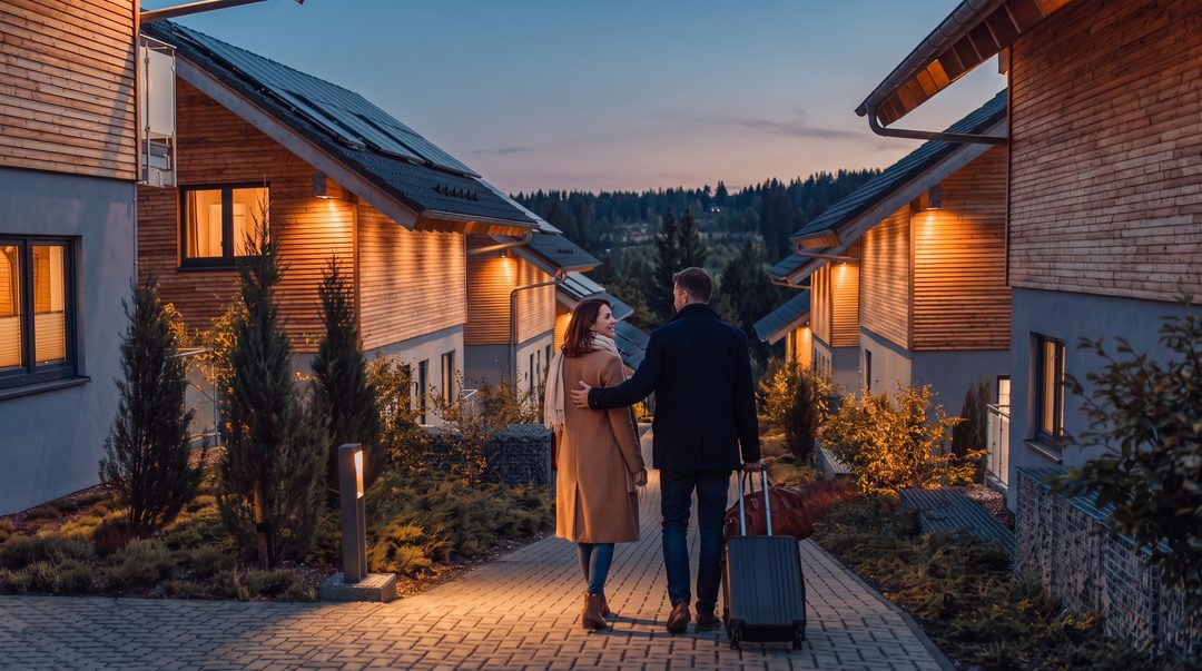 Una pareja con maletas llega al atardecer por el camino iluminado que hay entre los chalets, imagen ilustrativa