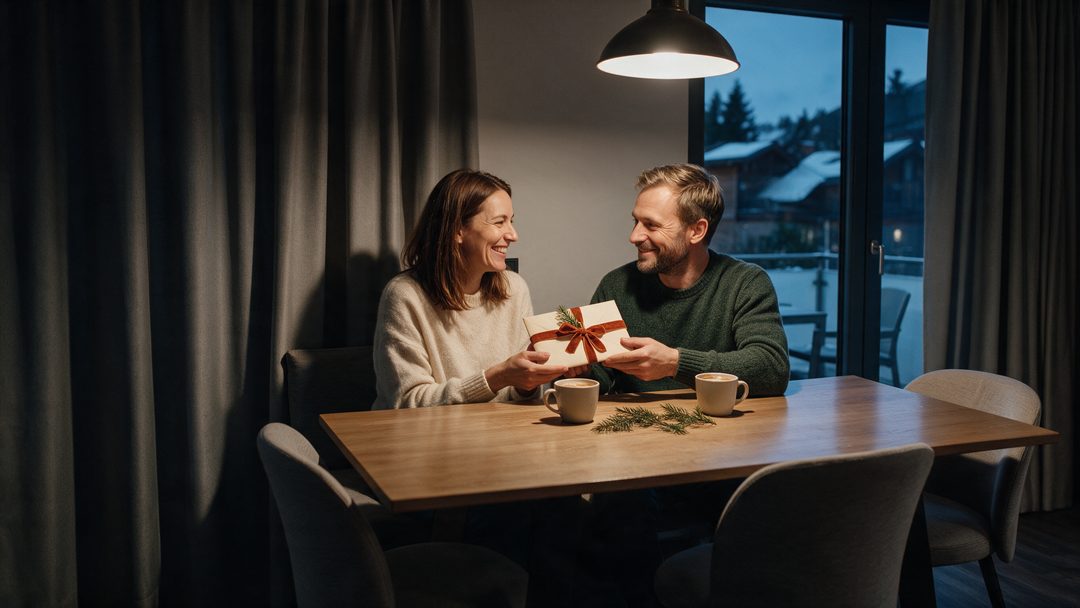 Un hombre le entrega a su pareja, en la mesa del comedor de un chalet, un sobre con un lazo rojo y una ramita de pino; imagen ilustrativa