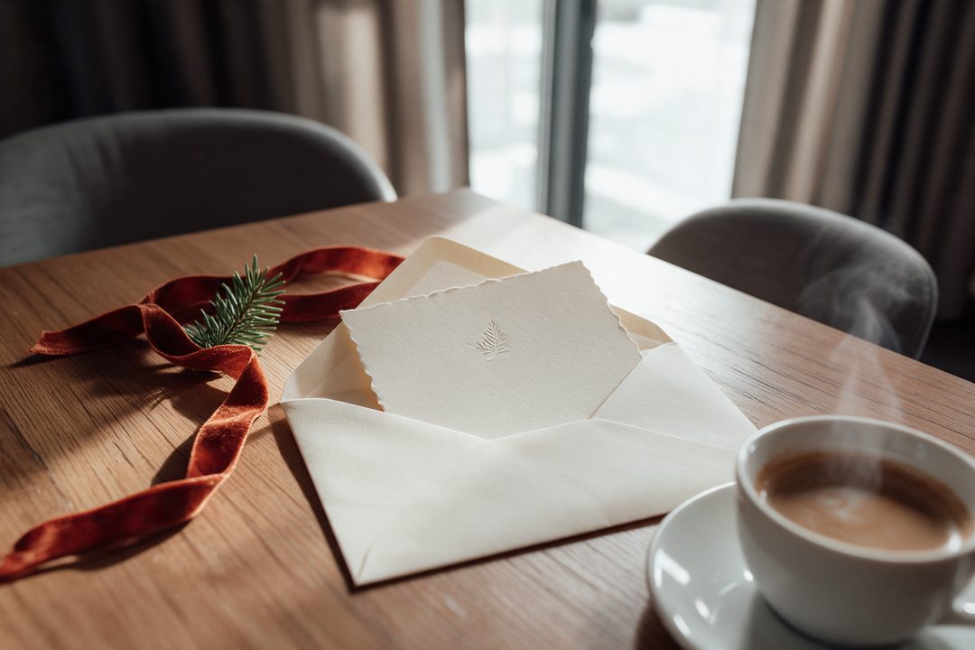 Un sobre abierto con una tarjeta en blanco, un lazo de terciopelo rojo, una ramita de pino y una taza de café sobre la mesa de roble de un chalet, imagen ilustrativa