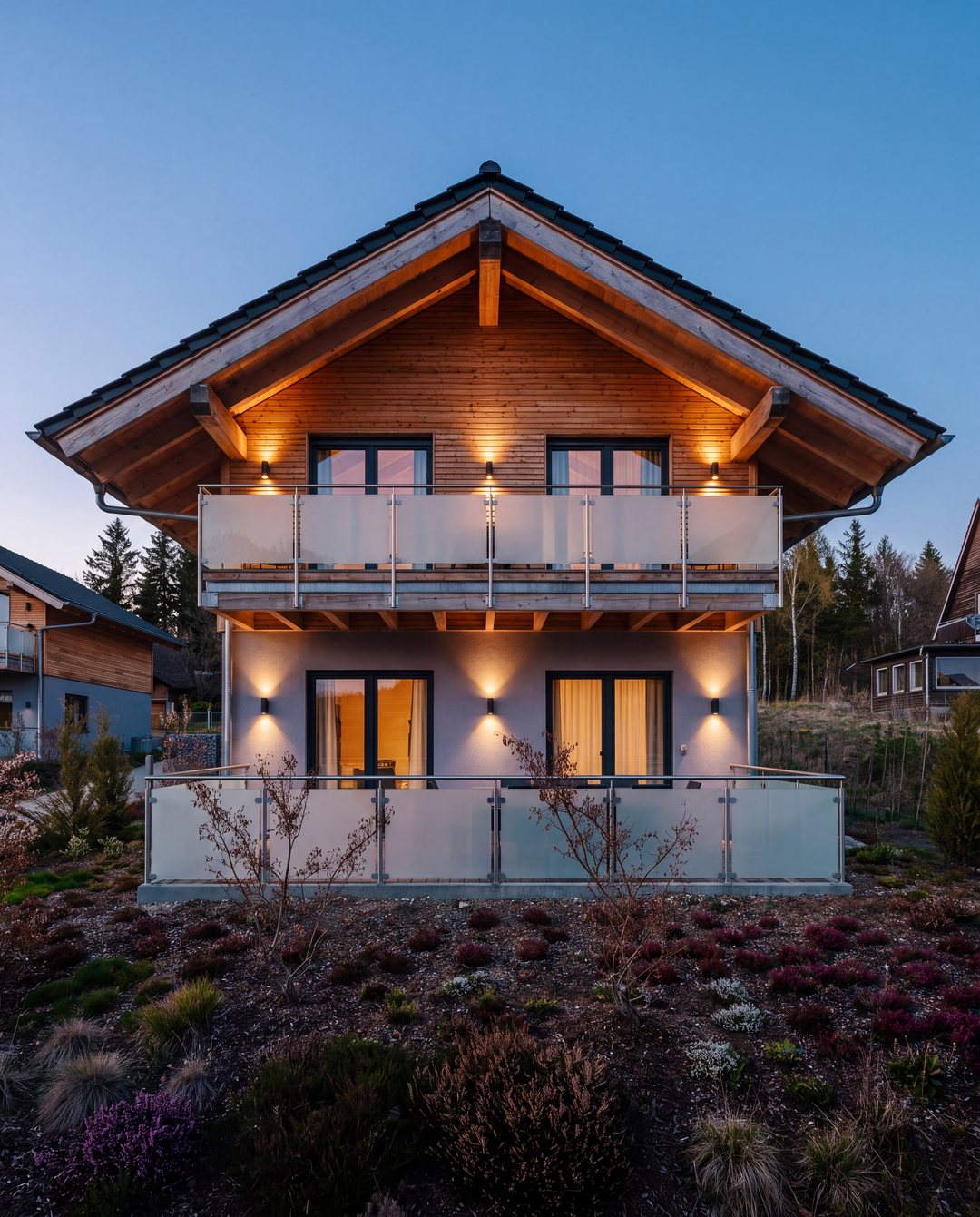 Chalet revestido de madera con tejado a dos aguas muy inclinado, balcón y terraza a la hora azul, ventanas y apliques con una cálida iluminación, y delante un parterre de brezo; imagen ilustrativa.