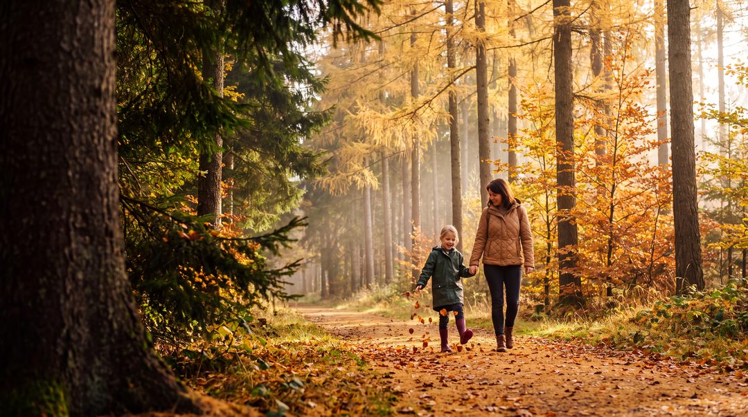 Una madre y su hija caminan de la mano por un sendero forestal cubierto de hojas en un bosque otoñal dorado; imagen ilustrativa