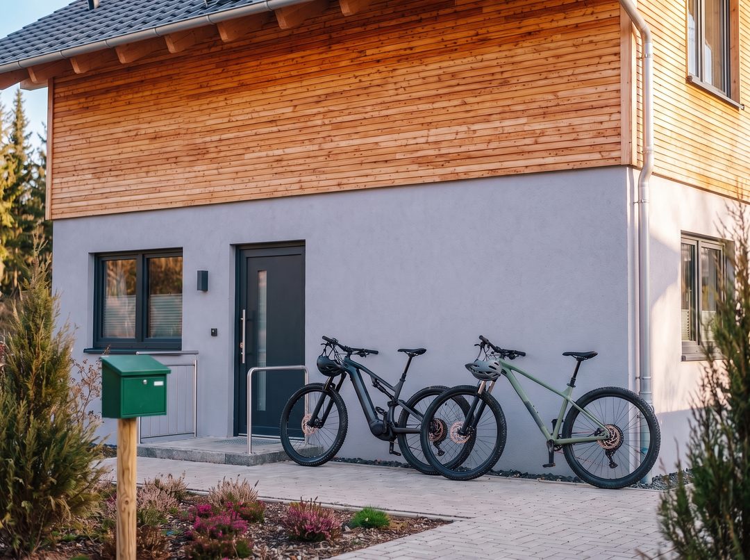 Por la mañana, dos bicicletas de montaña con cascos en el manillar están apoyadas junto a la puerta de entrada de un chalet de madera; imagen ilustrativa