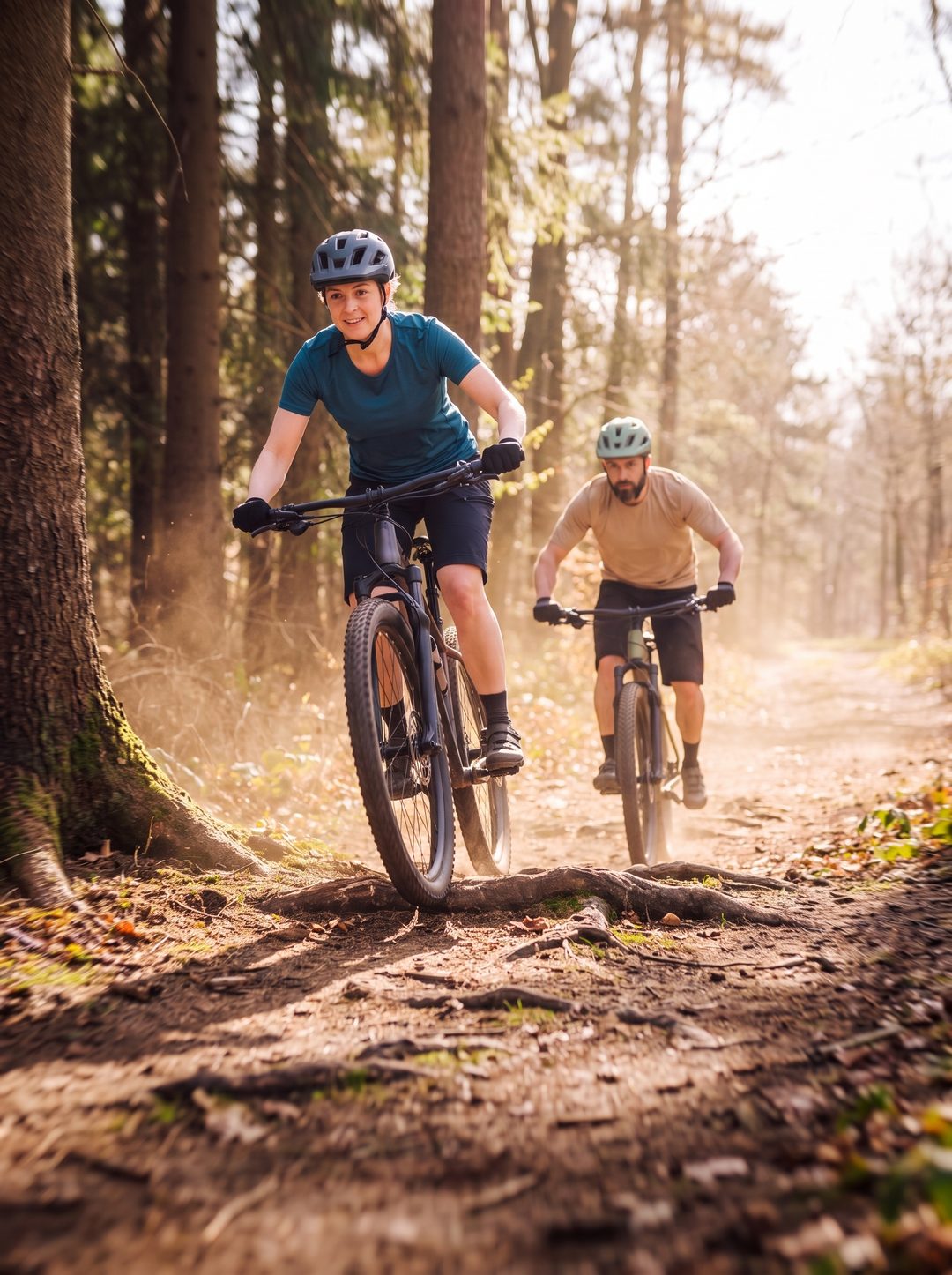 Formato vertical: una ciclista de montaña con casco pasa por encima de una raíz en un sendero forestal; detrás, un segundo ciclista; imagen ilustrativa