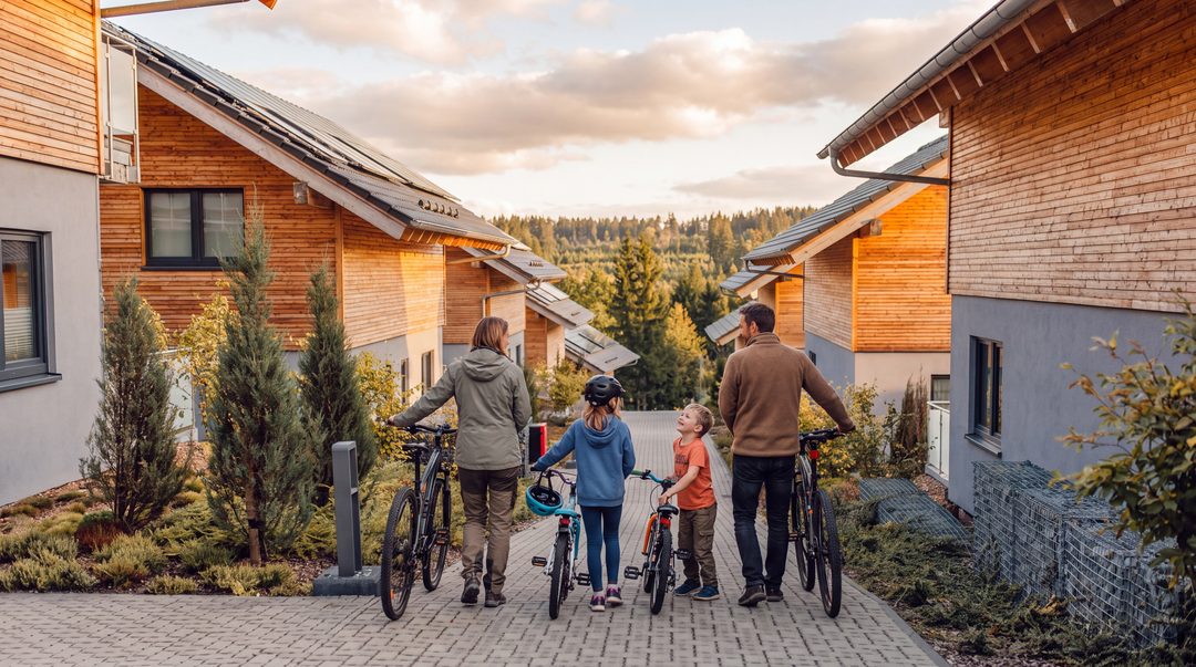 En familie med to børn skubber cyklerne tilbage ad stien mellem chaletterne efter en cykeltur, set bagfra, i det varme aftenlys, symbolbillede