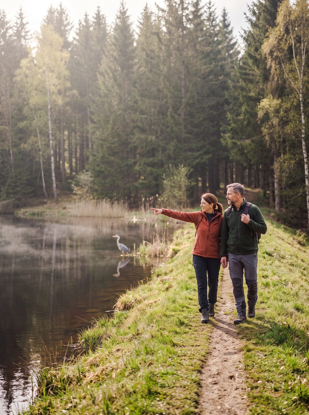 Formato vertical, escena generada inspirada en el Harz: una pareja de excursionistas en el sendero junto al estanque del bosque; ella señala a una garza real entre los juncos, imagen ilustrativa