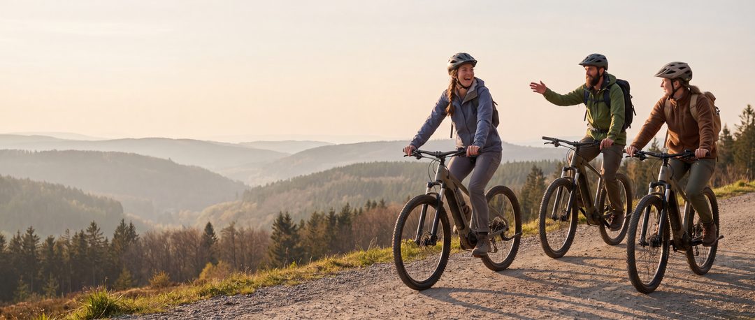 Genereret scene inspireret af Harz-bjergene: tre venner cykler på e-mountainbikes ad en skovvej med udsigt over skovklædte bakker, symbolbillede