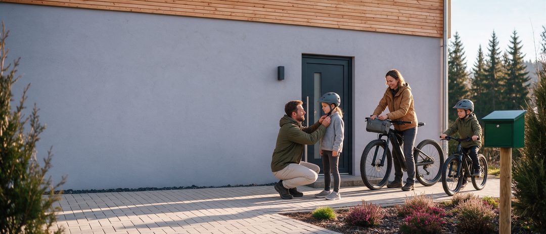 En familie gør sig klar om morgenen foran chaletet med lejede cykler; faren retter datterens hjelm – symbolbillede