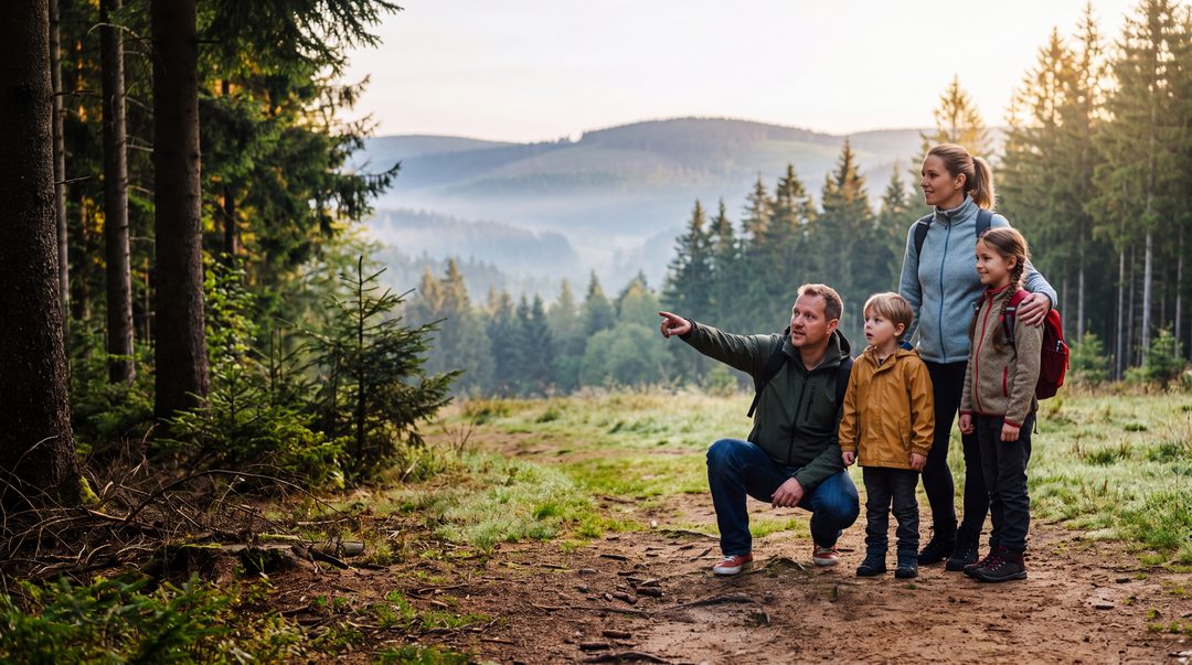 Una familia con dos niños al borde del bosque; el padre señala un valle brumoso con colinas boscosas a la luz de la mañana; imagen ilustrativa
