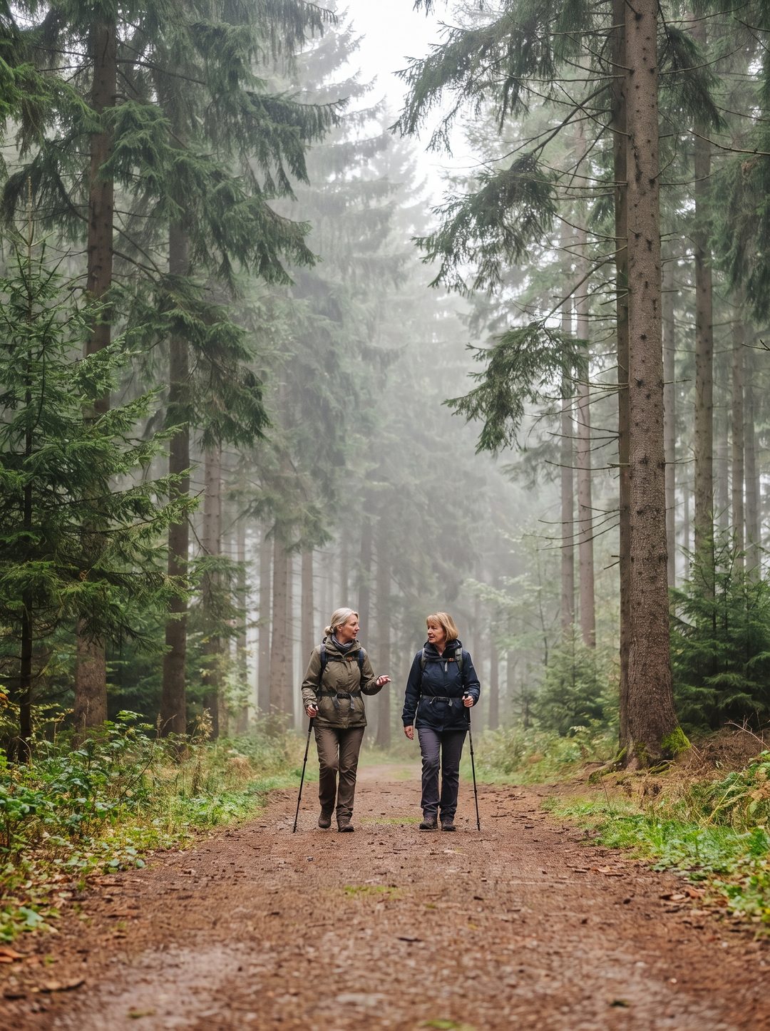 Zwei Wanderinnen mit Stöcken auf einem Waldweg im nebligen Fichtenwald, Symbolbild