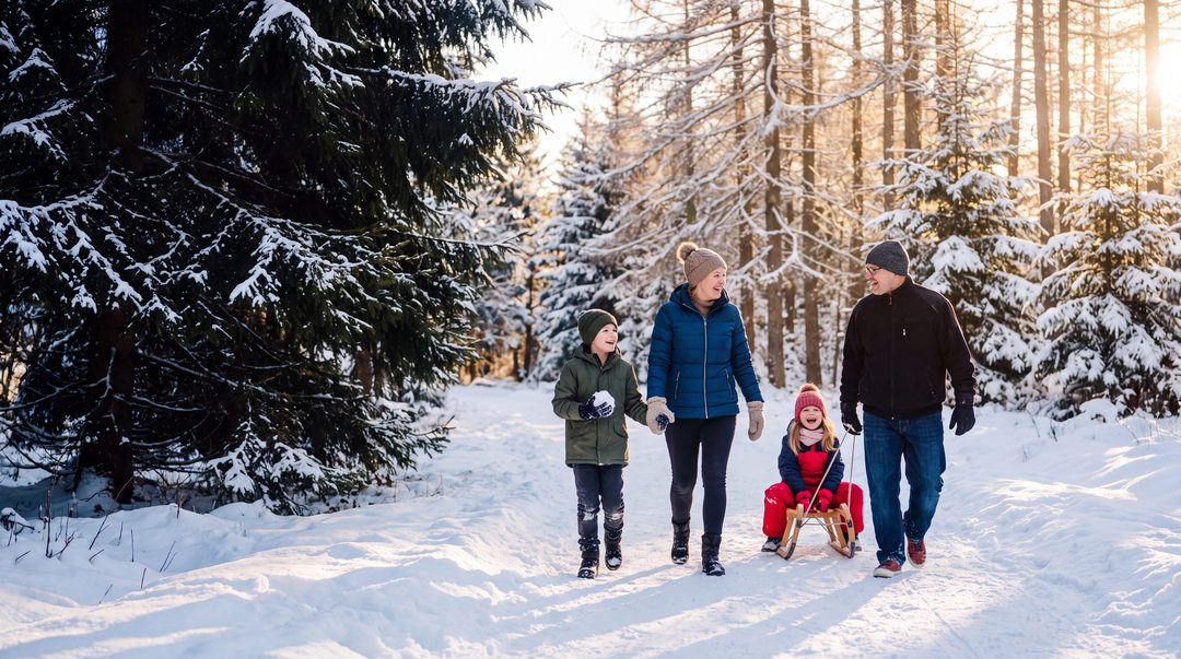 Una familia con un trineo de madera en un sendero boscoso nevado bajo el sol de invierno; los niños ríen. Imagen ilustrativa.