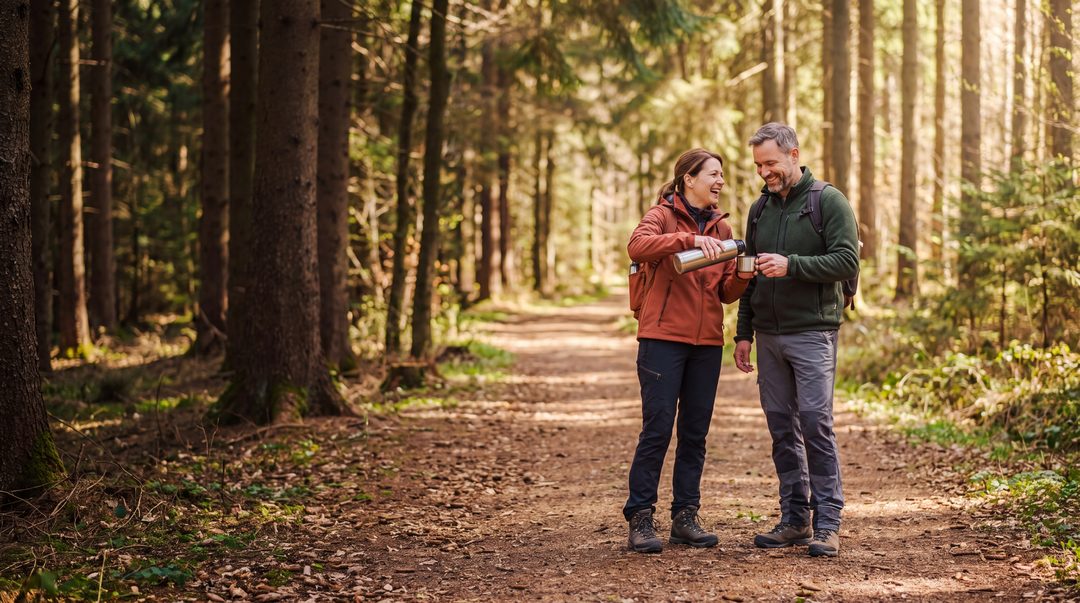 Un couple de randonneurs fait une pause sur un sentier forestier ensoleillé et se partage, en riant, du thé tiré d’un thermos, image d’illustration