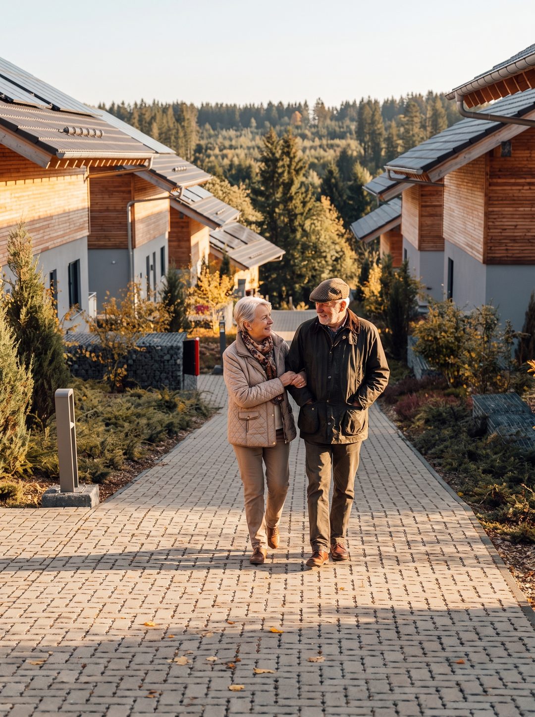 Älteres Paar geht im goldenen Herbstlicht Arm in Arm auf dem Weg zwischen den Holzchalets, Symbolbild