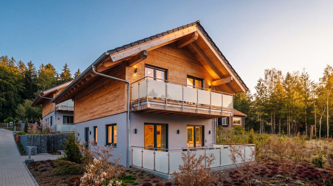 Chalet en bois avec balcon et terrasse baigné par la lumière dorée du soir, fenêtres chaleureusement éclairées, avec en arrière-plan des épicéas et des bouleaux ; image d’illustration