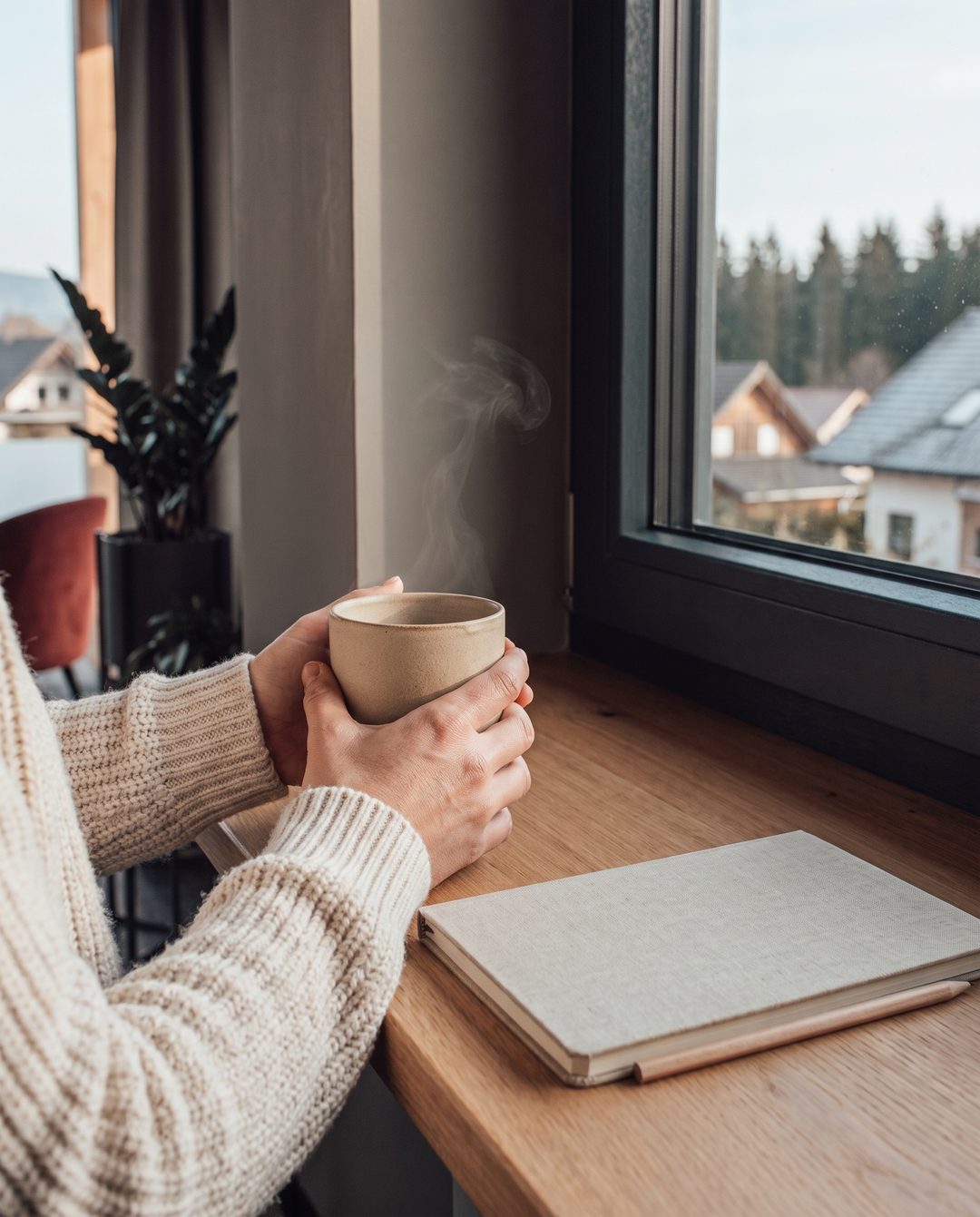Unas manos sostienen una taza de cerámica humeante en el alféizar de la ventana de un chalet; junto a ella, un cuaderno cerrado con un lápiz; imagen ilustrativa