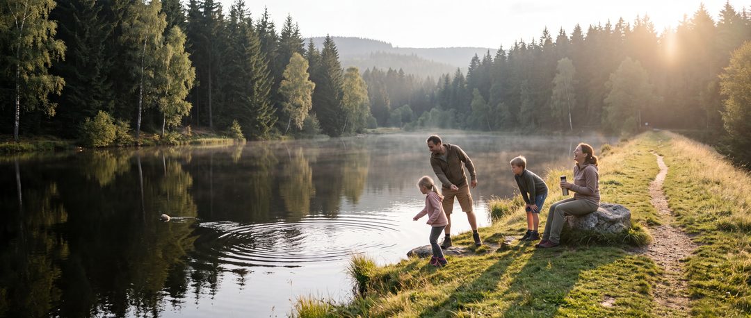 Escena generada inspirada en el Harz: una familia pasa piedras por encima del agua de un estanque del bosque al atardecer; imagen ilustrativa