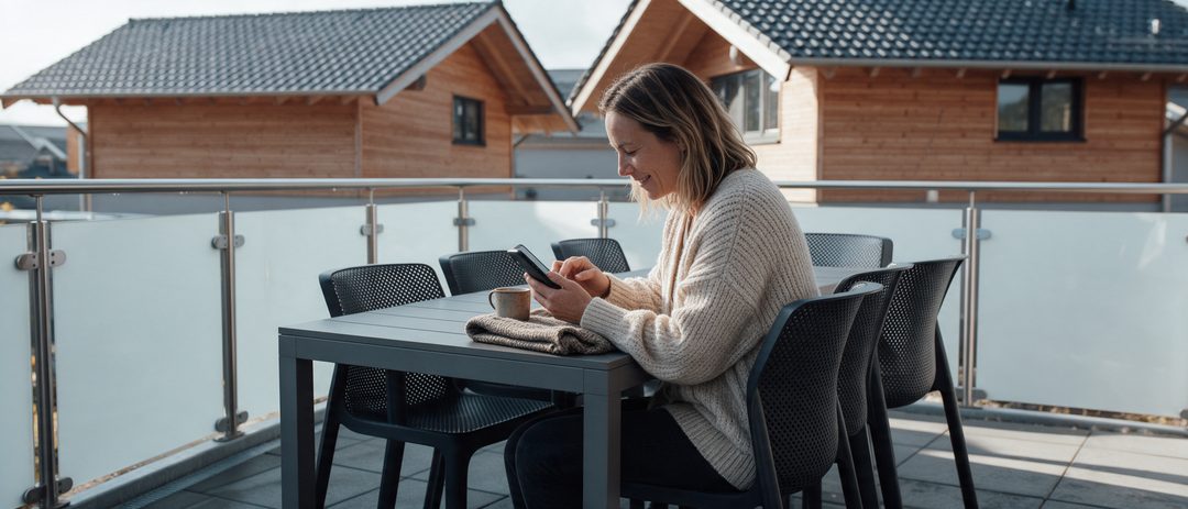 Una mujer con un cárdigan de punto escribe un mensaje en el móvil por la mañana en la terraza de un chalet; imagen ilustrativa.