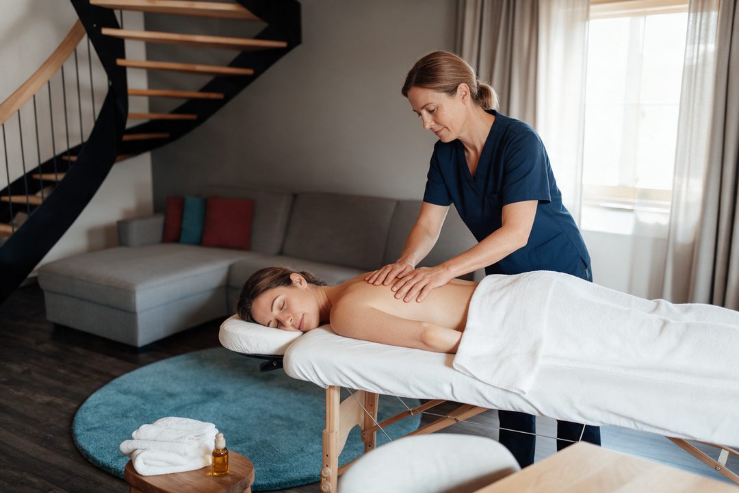 Rygmassage på en massageleje i stuen i et chalet, symbolbillede