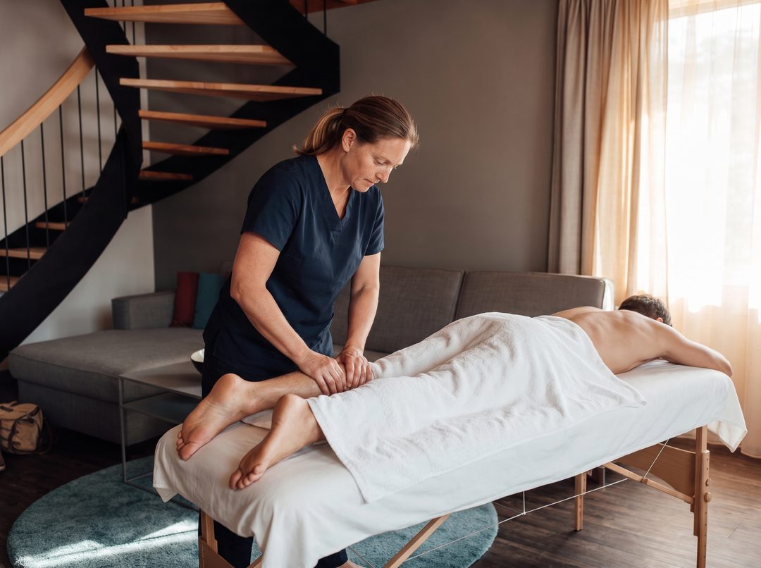Helkropsmassage i stuen i et chalet: Terapeuten masserer en gæsts ben under et hvidt håndklæde, symbolbillede
