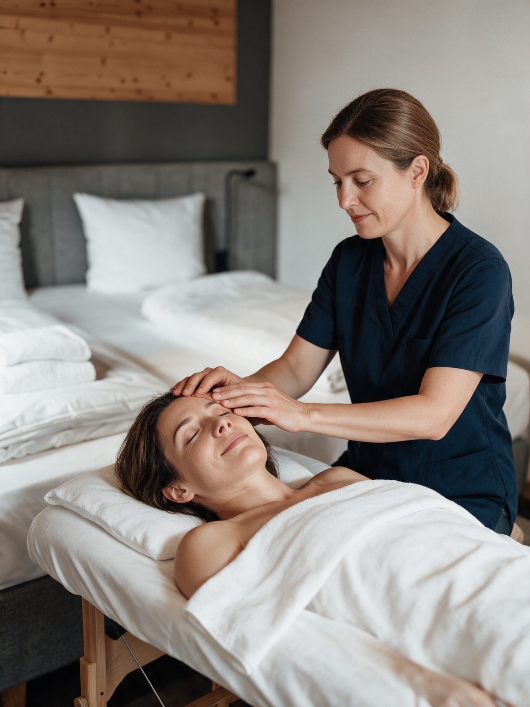 Afslappende hovedmassage i soveværelset i et chalet, symbolbillede