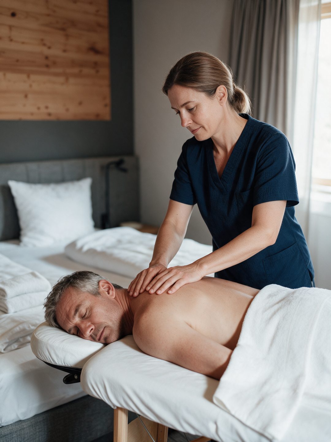 Skulder- og nakkemassage på en massageleje i soveværelset i et chalet, symbolbillede