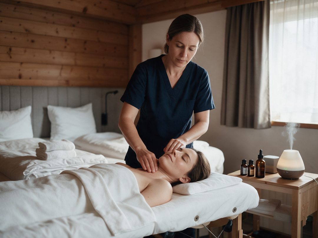 Blid massage af nakke og ansigt i soveværelset i et chalet, ved siden af aromaterapeutiske olier og en duftdiffusor, symbolbillede