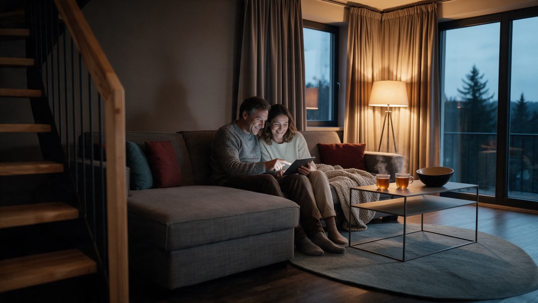 Et par sidder om aftenen under et tæppe på sofaen i et chalet og planlægger deres næste ferie på tabletten, symbolbillede