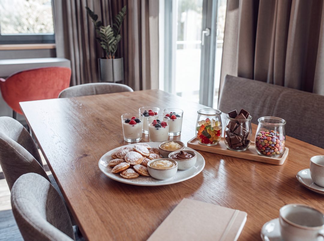 En sød pause ved spisebordet i et chalet: glas med gummibamser, chokoladestykker og chokoladelinser, poffertjes med flormelis, æblemos og nøddenougatcreme, yoghurt med bær, symbolbillede